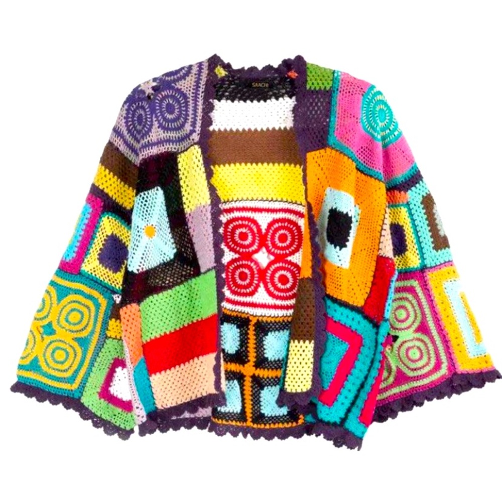Saachi Multicolored Colorful Crochet Cardigan jacket Sz M Like NEW Bell Sleeves